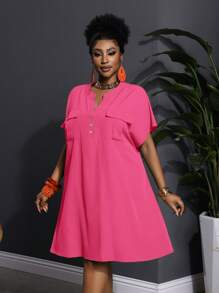 Slaydiva New Fashionable Elegant Casual/ Business Casual Women V-Neck Loose Shirt Dress With Pockets, Short Sleeve Mini Flowy Dress - A,Sun Dresses For Women - Hot Pink - View 5