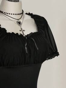 SHEIN ICON Plus Size Square Neck Ruffle Mesh Puff Sleeve T-Shirt, Cute Summer T-Shirt, Summer Vacation Goth Goth - Black - View 3