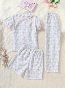 Tween Girls 3 Pieces Pajama Set, Ruffled Collar Blouse With Ditsy Floral & Bunny Prints, Shorts And Pants, Summer