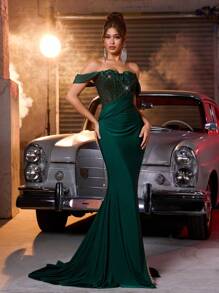 Glamrae Elegant And Gorgeous Dark Green Beads Sequins Stitching Stretch Swimsuit Knitted Fabric Hand-Painted Three-Dimensional Flowers Off The Shoulder Drop Shoulder Sleeves Upper Body Sexy Split Fishtail Dress Suitable For Wedding Events Bachelorette Party Vacation Graduation Season Dance Dinner Dress, Formal, Gown, For Evening, Wedding Guest - Dark Green - View 6