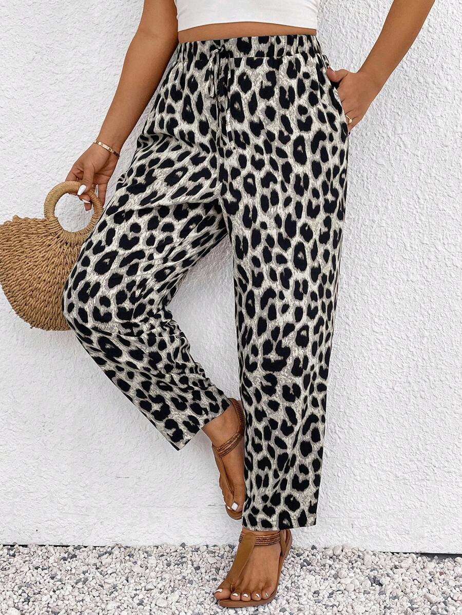 SHEIN Frenchy Plus Size Leopard Print Casual Pants, Summer Trousers, Vacation Trousers, Women Beachwear, Boho/Bohemian, Summer Women's Clothing, Casual, Daily Fashion