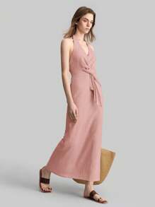 Ontre 2025春夏纯色收腰扭结挂脖长裙，粉色毕业礼服，女士休闲连衣裙，复活节连衣裙，优雅飘逸连衣裙，派对连衣裙，极简连衣裙，复活节连衣裙，派对连衣裙，端庄连衣裙，女士度假连衣裙，舒适连衣裙，伴娘服，沙滩裙，音乐节度假，亚麻面料粉色针织开衫 - 粉色 - 查看 7