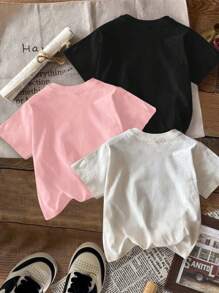 SHEIN Leap Crew 3pcs/Set Tween Girls' Simple Cute Cartoon Girl Print Multi-Pack White, Black, Pink Short Sleeve Round Neck T-Shirts, Suitable For Summer Back-To-School Clothes, Girls' T-Shirts, Pink T-Shirt, Cute T-Shirts, Tween Girl Clothes, Birthday Girl - Multicolor - View 5