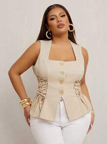 SHEIN SXY Plus Size Summer Casual Solid Color Cross Strap Vest - Apricot - View 6
