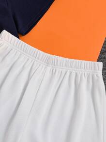 SHEIN Leap Crew 2 件青少年男孩休闲街头时尚可爱日常舒适白色宽松圆领 T 恤和宽松短裤套装，适合旅行、学校、日常聚会、春夏季 - 白色 - 查看 6