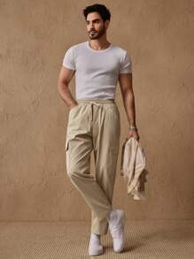 Manfinity NXTstreet Quần ống côn dệt lưng vừa, rút dây nhiều túi cho nam, thích hợp mặc hàng ngày - Màu Khaki - Xem 2