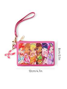 The Winx X SHEIN Ví đựng thẻ và ví đựng tiền xu bằng da PU họa tiết hoạt hình dễ thương Bloom, Stella, Flora, Musa, Tecna, Aisha, có quai xách và mặt dây chuyền trang trí logo - Màu Hồng Tươi - Xem 9