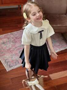 DAZY 2 Stück Mädchen Lässig Set mit Kragenshirt mit Schleifen-Dekor und plissiertem Rock, Mädchen Sommer Outfits