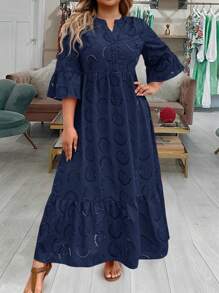 SHEIN LUNE 加大码连衣裙情人节红色连衣裙女士长裙夏季连衣裙夏季波西米亚风复古纯棉 - 藏蓝色 - 查看 3