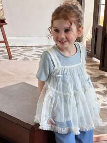 Hapijoa 2pcs/Set Girls(Small) Solid Color Undershirt With Mesh Overlay, Casual Summer Outfit