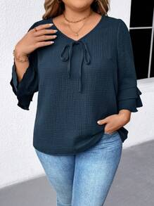 EMERY ROSE Plus Size Women Short Sleeve Solid Color Round Neck Shirt, Fashionable For Summer - Blue - View 1