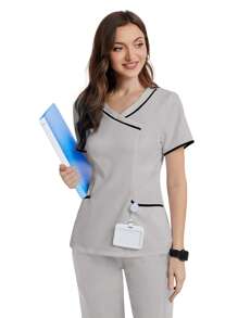 TaskEZ Women Summer Contrast Trim V-Neck Short Sleeve Scrub Uniform Top - Light Grey - View 4