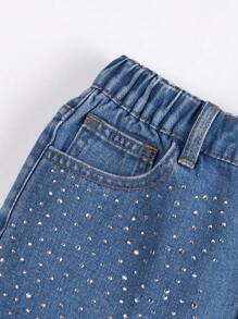 SHEIN Stylish Tween Girls Rhinestone Embellished Medium Wash Denim Shorts With Zipper - Medium Wash - View 5