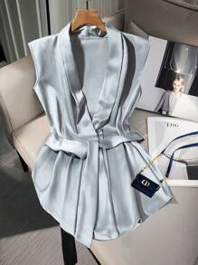 Franclia French Style Solid Color Wrap Around Tie Waist Sleeveless Elegant Blouse