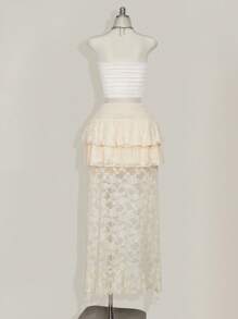 SHEIN ICON Plus Size High Waist Lace Layered Front Short Rear Long Skirt, Boho, Vacation - Beige - View 2