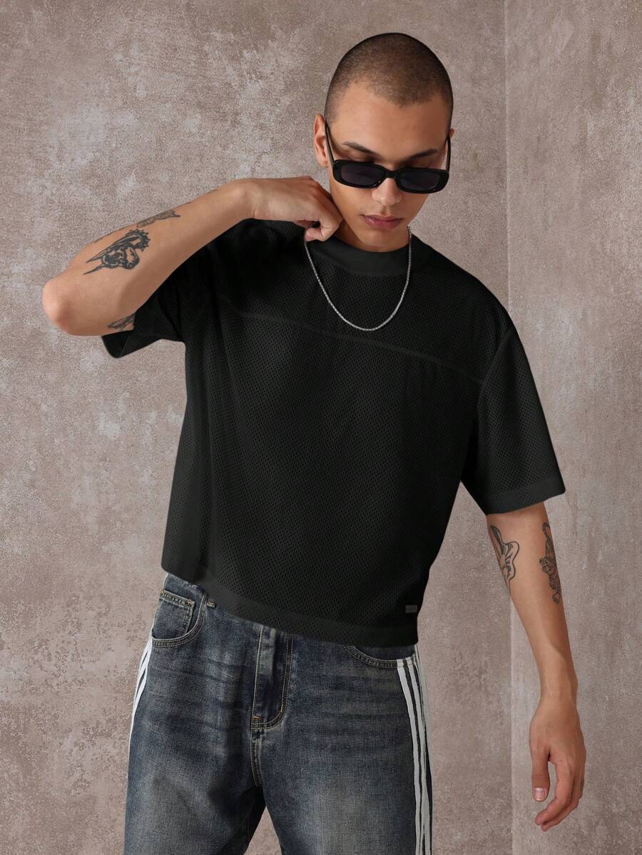 SUMWON Premium Mesh Athletic T-Shirt Performance Workout Training Top Cropped Relaxed Fit Summer Active Wear Modern Streetwear Urban Fashion Essential - Black - View 1