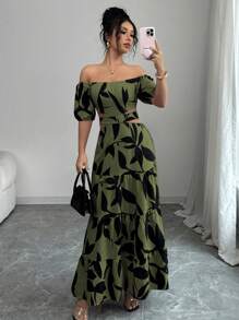 Elenzga 女士露肩系带镂空度假连衣裙，随意花朵剪裁 - 軍綠色 - 查看 6