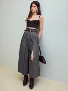 MOTF STUDIO 褶皱开衩裙 - 灰色 - 查看 3