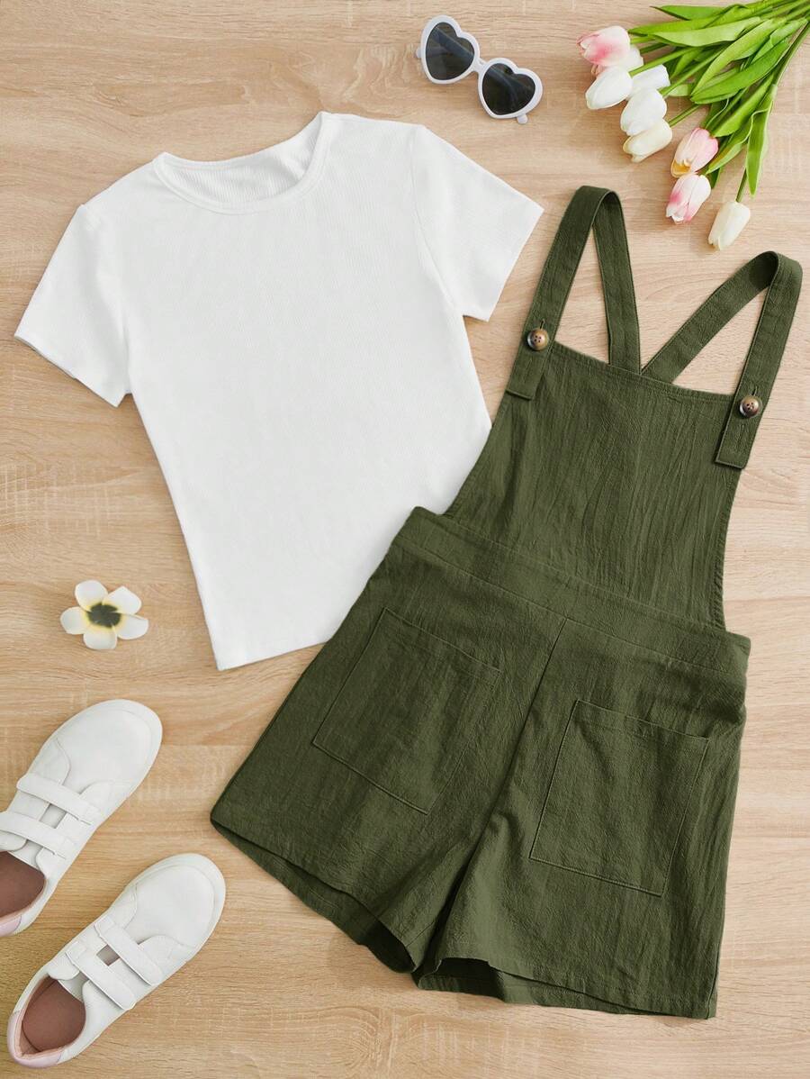 SHEIN 2pcs Teen Girl Set: Ribbed T-Shirt And Solid Color Bib Pants - Army Green - View 1
