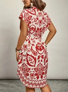 Freevana Vestido con estampado floral y cinturón talla grande