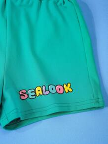SEALOOK X SHEIN Bộ 2 món áo sơ mi sọc hoạt hình dễ thương cho bé trai và quần short in chữ, đi biển mùa hè - màu xanh lá - Xem 6