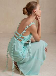 Femmeiva Chiffon Sheer Sleeveless Women Long Dress Elegant FashionableOld Money Style  For Summer Spring Fall Autumn - Blue - View 2