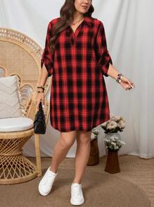 SHEIN LUNE Plus Size Plaid Print Long Sleeve Dress, Fashionable Suitable For Summer Mother Day Midi Dress  Simple & Fashionable - Red - View 3