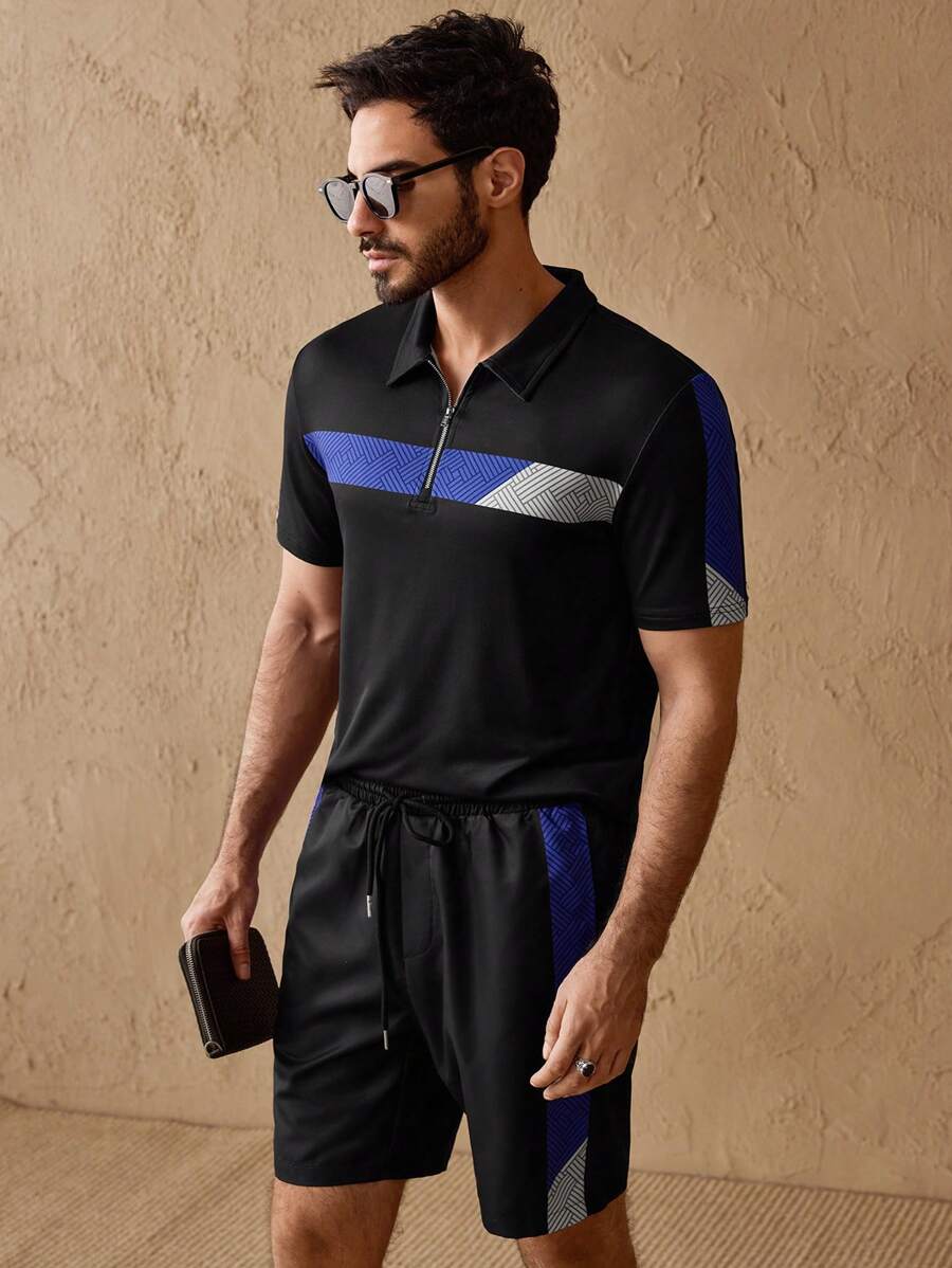 Manfinity VCAY Bộ 2 áo thun polo dệt kim có khóa kéo thường ngày dành cho nam và quần short polo dệt cạp ngang eo mặc hàng ngày - Nhiều màu - Xem 1