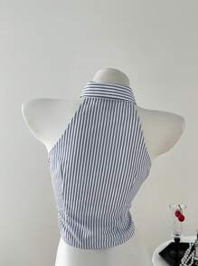 Elamini Women's Sleeveless Striped Embroidered Fitted Blouse, Spring/Summer - Grey - View 2