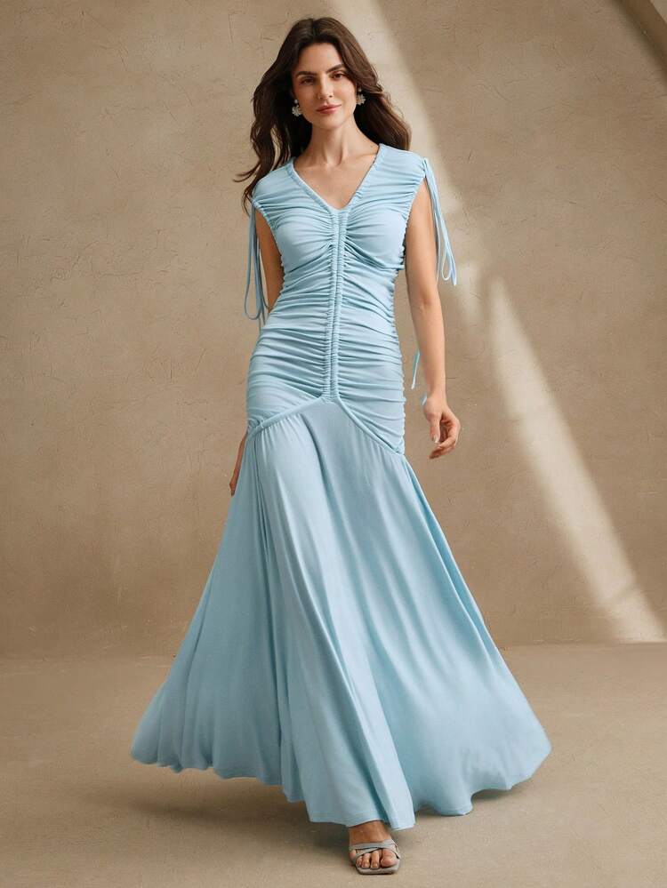 Women Elegant V-Neck Pleated Waist Knit Dress, Fashion Going Out, Vacation Outfits, Suitable For Festival, Spring/Summer