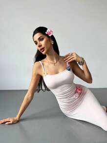 SHEIN Privé Women's Pink 3D Flower Large U-Neck Pleated Side Slit Slim Suspender Midi Dress, Sexy Romantic Dress, Summer Vacation Dress, 3D 3D Flower Dress, Elegant, Sexy, Vacation, Beach, Hawaii, Romance, Dating, Wedding Season, Back To School, Music Festival