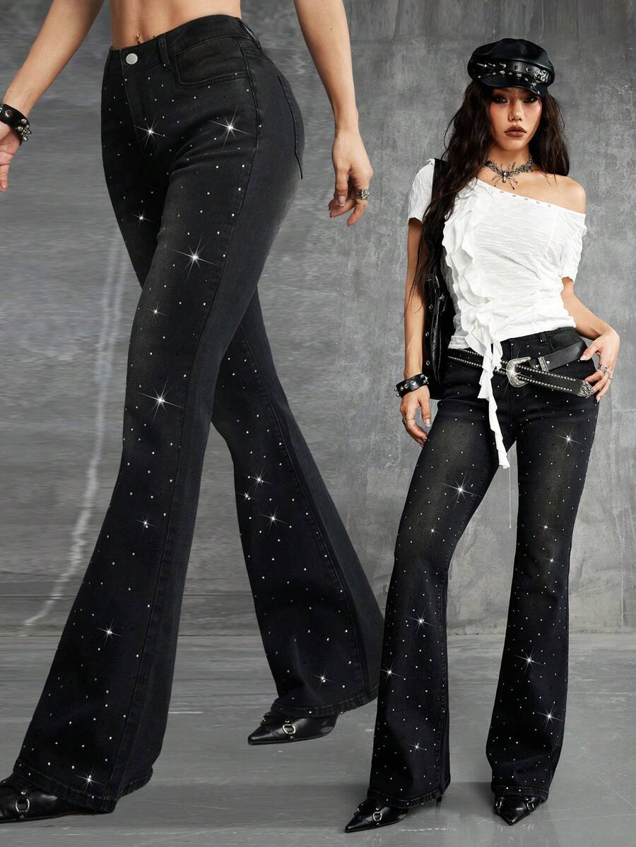 Coolane Women's Summer Concert Cowgirl Rave Western Wear Music Festival Y2K Party Rave Denim Rhinestone Low Rise Flare Jeans With Rhinestones, Night Out, Vintage, Streetwear, Fall Women Jeans - Black - View 1