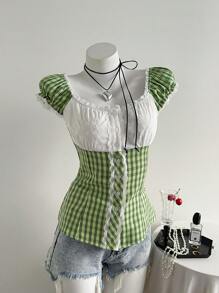 Sweetra 法式浪漫蕾丝拼布撞色格子短袖衬衫，夏季时尚小众修身女式衬衫 - 彩色 - 查看 3