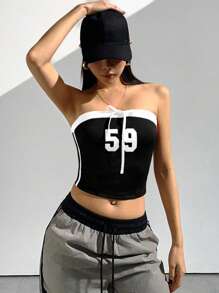 StreetHx Women Streetwear Colorblock Digit Print Sleeveless Crop Top - Black and White - View 1