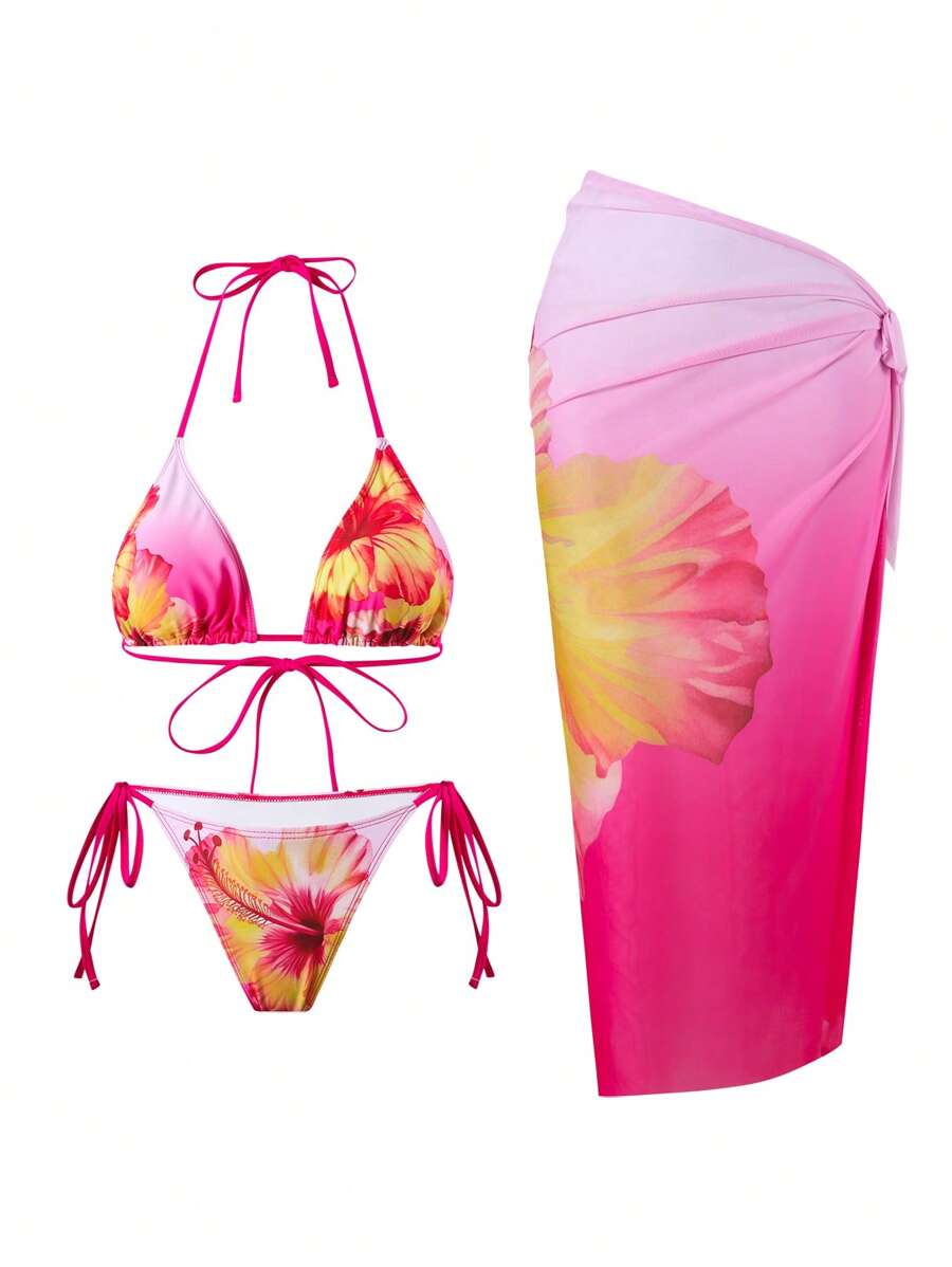 Swim Oasis 3 件套女士夏季海滩度假装，包括花卉印花比基尼、丁字裤和网眼束腰沙滩裙，波西米亚风格 - 彩色 - 查看 1