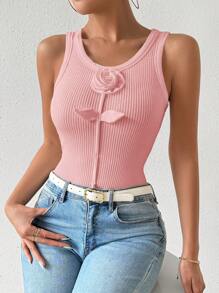 Chiquease Women's Solid Color 3D Floral Decor Round Neck Fitted Tank Top - Pink - View 5