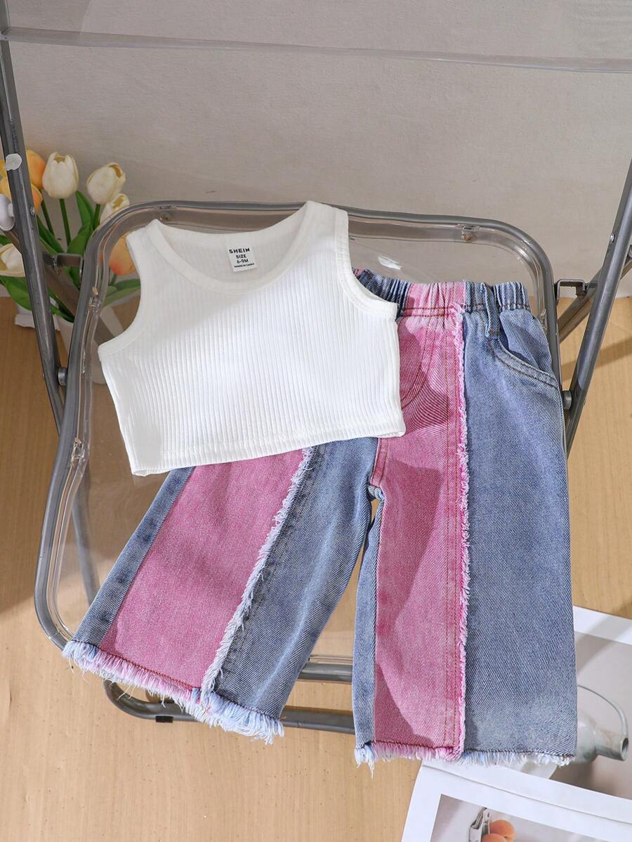 SHEIN Baby Girl Summer Casual Solid Round Neck Top And Contrast Color Denim Pants Girls Outfit Sets Summer Cheap Summer Outfits Girl - Pink - View 1