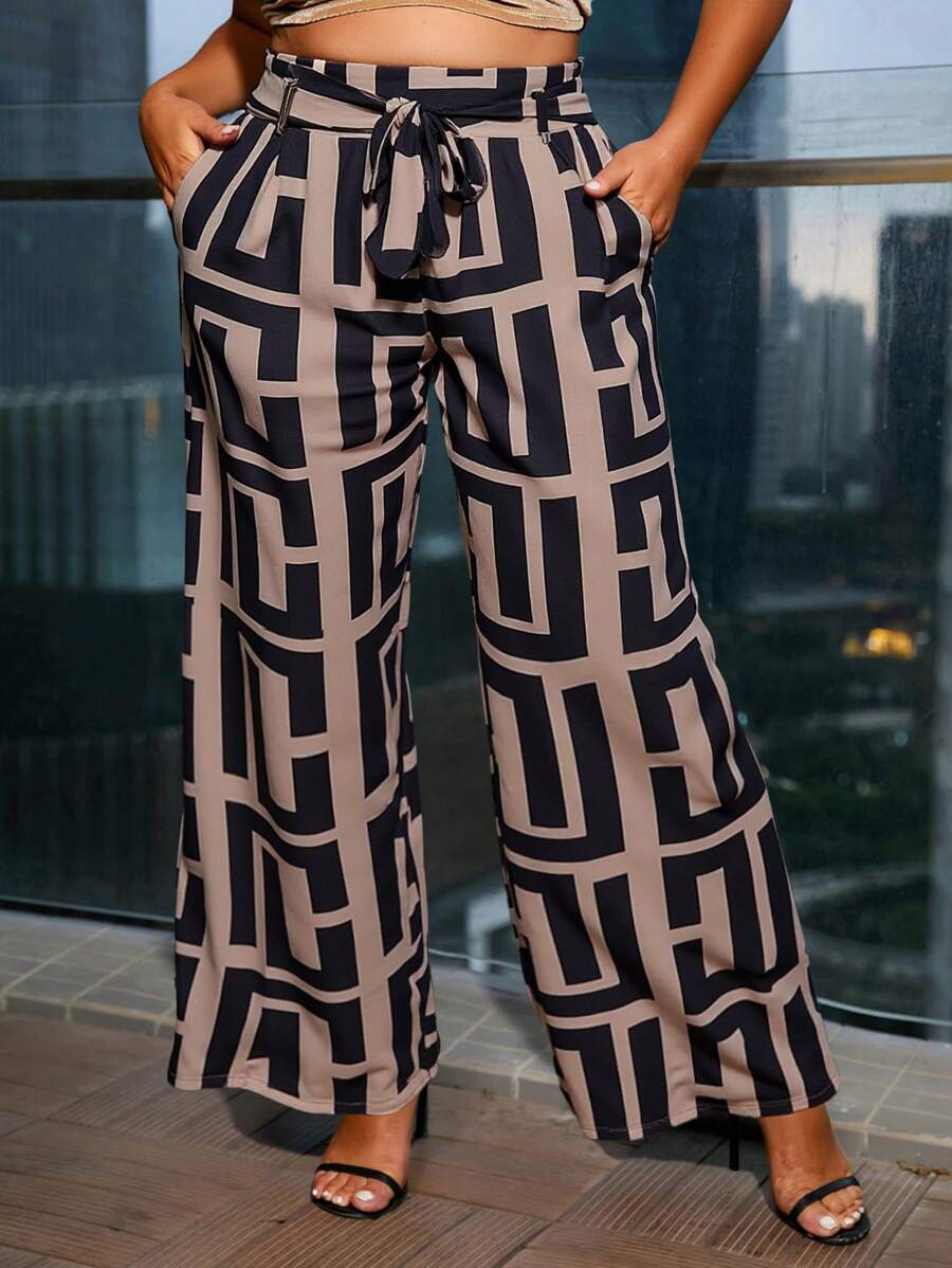 SHEIN SXY Plus Size All Over Print Belted Pocket Casual Loose Pants - Multicolor - View 1