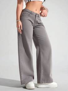 SHEIN ICON Women's Casual Loose Straight Leg Pocketed Jeans - Grey - View 5