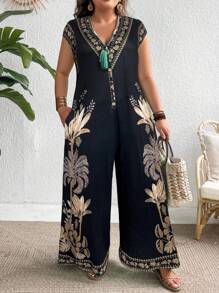 EMERY ROSE Mono informal de pierna ancha con estampado de palmeras, escote en V y mangas farol para mujer de talla grande