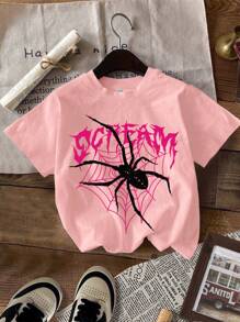 SHEIN Leap Crew 3pcs/Set Y2K Vintage Cool Girls Spider Graphic Print "Stay Wild" Slogan Tween Girls Casual Minimalist Cartoon Spider Pattern Short Sleeve T-Shirt, Versatile, Suitable For Summer, School, Campus, College - Multicolor - View 4