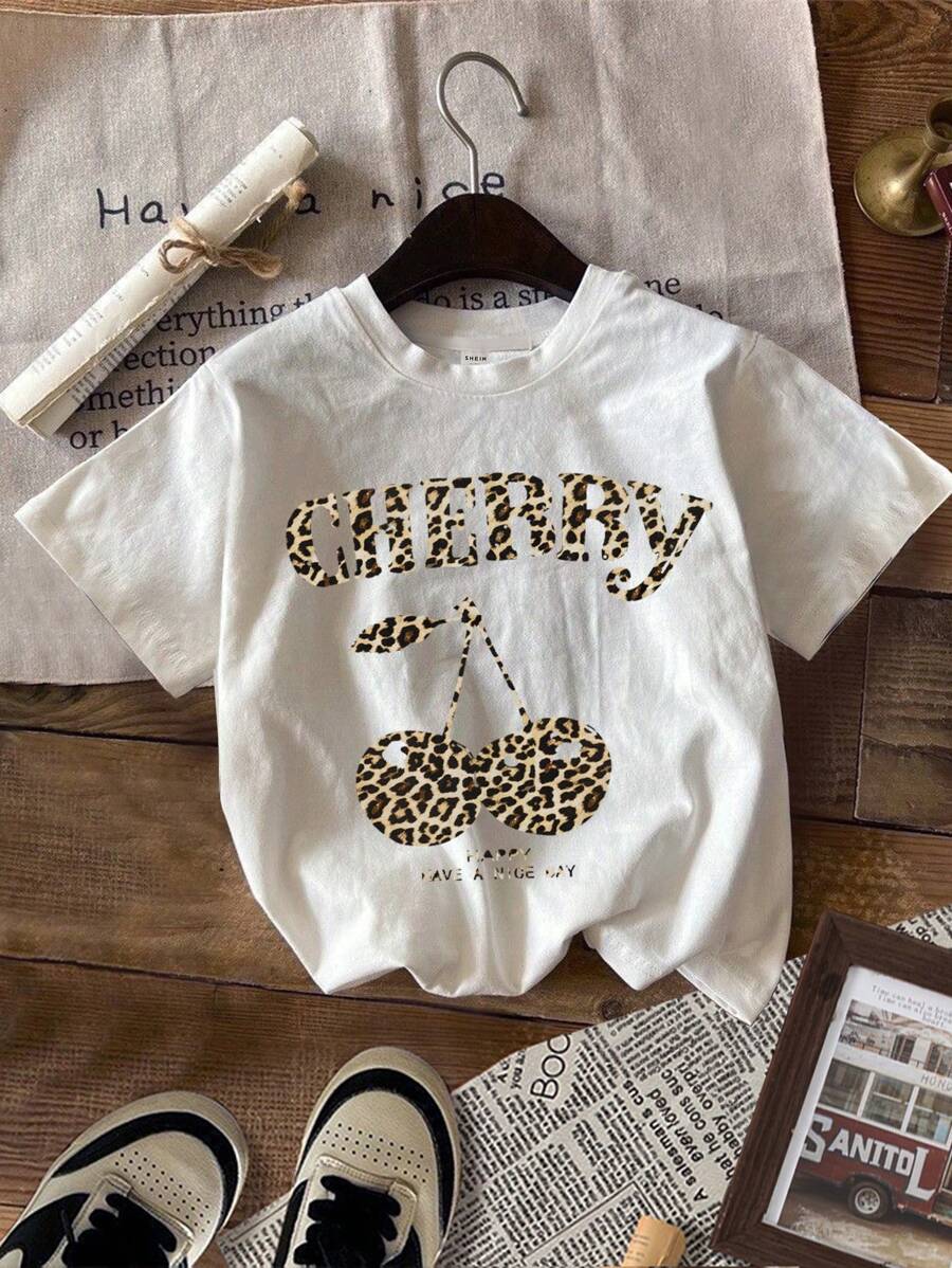 SHEIN Leap Crew Cherry Leopard Print Tween Girl Casual Simple Short Sleeve Round Neck T-Shirt, Suitable For Spring And Summer - White - View 1