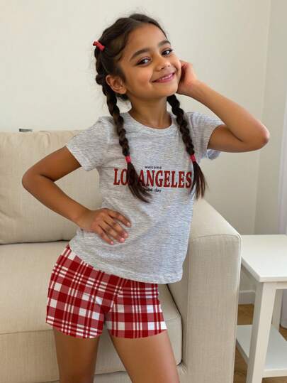 SHEIN Leap Crew Conjunto de pijama informal minimalista con estampado de letras y pantalón corto para niña preadolescente, ajuste ceñido, apropiado para primavera y verano