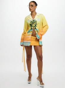 SUMWON WOMEN Camisa Resort Santa Monica Califórnia, Blusa com Gola e Estampa Degradê de Palmeiras, Manga Comprida, Peça de Destaque para Verão, Praia e Férias, Moda Primavera, Coleção 2023 - Multicolorido - Ver 6