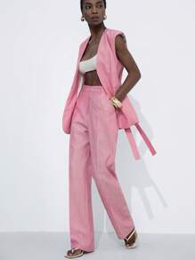 Aveloria Modichic Women Elegant Commuter V-Neck Sleeveless Top With Belt, Wide Leg Loose Pants With Pocket, Lightweight Linen-Like Fabric Vest Suit