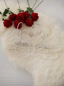 SHEIN Plus Size 2pcs Sexy Lingerie Set With Pearl Decor, Suitable For Festivals And Dates - Beige - View 4