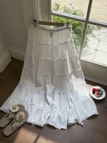 SHEIN EZwear Women's White Semi-Sheer Woven Fabric Tiered Long Skirt: A Casual Layered Style - White - View 3