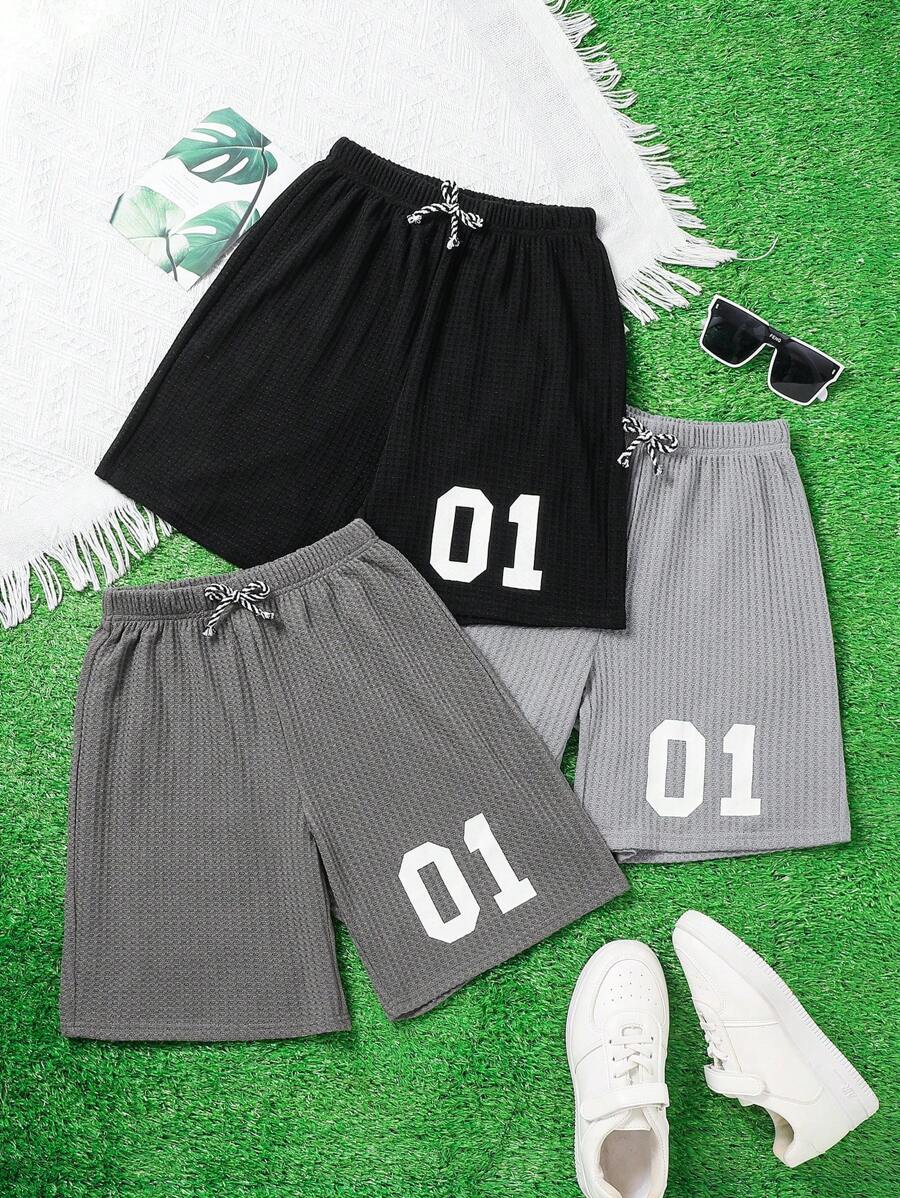 3pcs Kids Tween Boy Casual Versatile And Comfortable Letter Print Pattern Loose Knit Loose Clean Color Shorts Multi Piece Set, 3 Styles Each, 1 Three Pieces Set Suitable For Commuting To School, Daily Leisure Vacation Travel, Suitable For Sports, Suitable For Spring And Summer Seasons