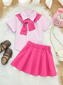 Baby Girls' Minimalist Fashion Magenta Stripe Short Sleeve Top, Magenta Skirt And Shawl Combo Preppy Style Set - Hot Pink - View 3