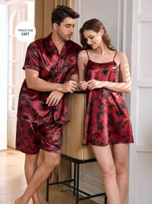 Elegant Floral Print Satin Men's Pajama Set - Burgundy - View 6
